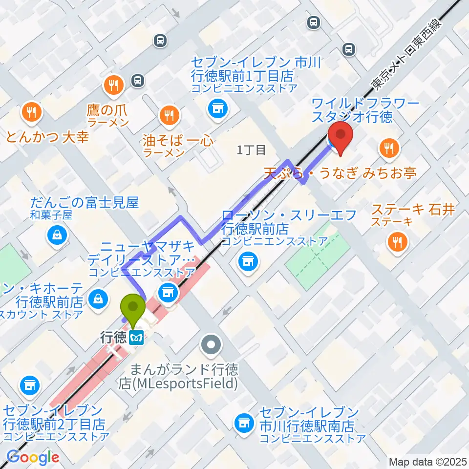 ワイルドフラワー・スタジオ行徳の最寄駅行徳駅からの徒歩ルート（約4分）地図