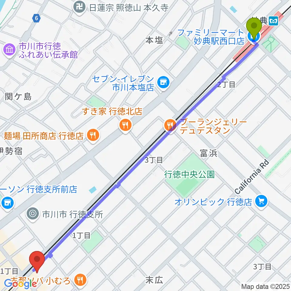 妙典駅からワイルドフラワー・スタジオ行徳へのルートマップ地図