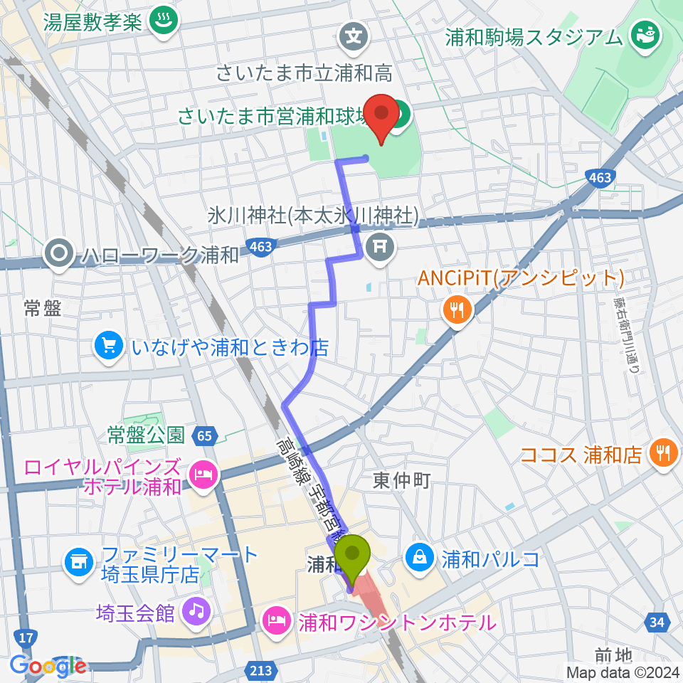 浦和駅からアイル・スタジアム浦和へのルートマップ地図