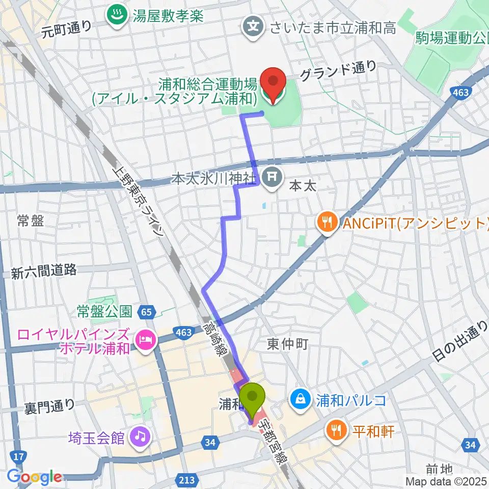 浦和駅からアイル・スタジアム浦和へのルートマップ地図