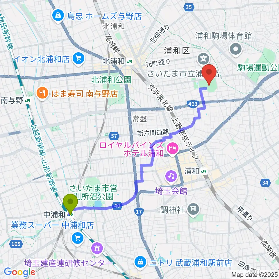 中浦和駅からアイル・スタジアム浦和へのルートマップ地図