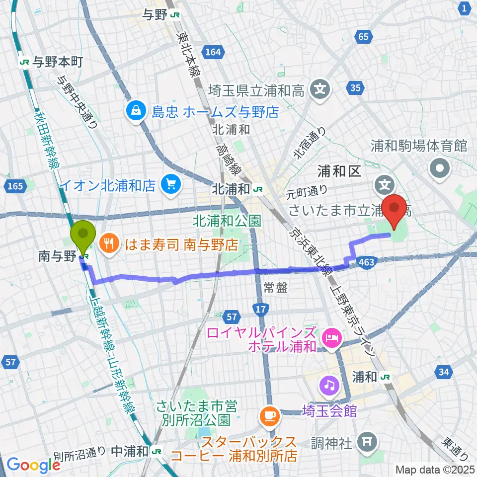 南与野駅からアイル・スタジアム浦和へのルートマップ地図