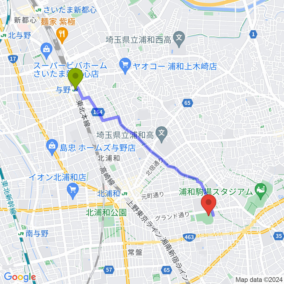 与野駅からさいたま市営浦和球場へのルートマップ地図