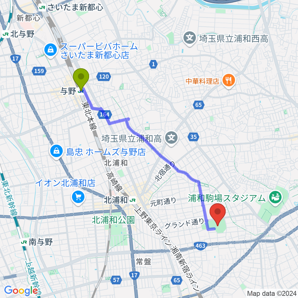 与野駅からアイル・スタジアム浦和へのルートマップ地図