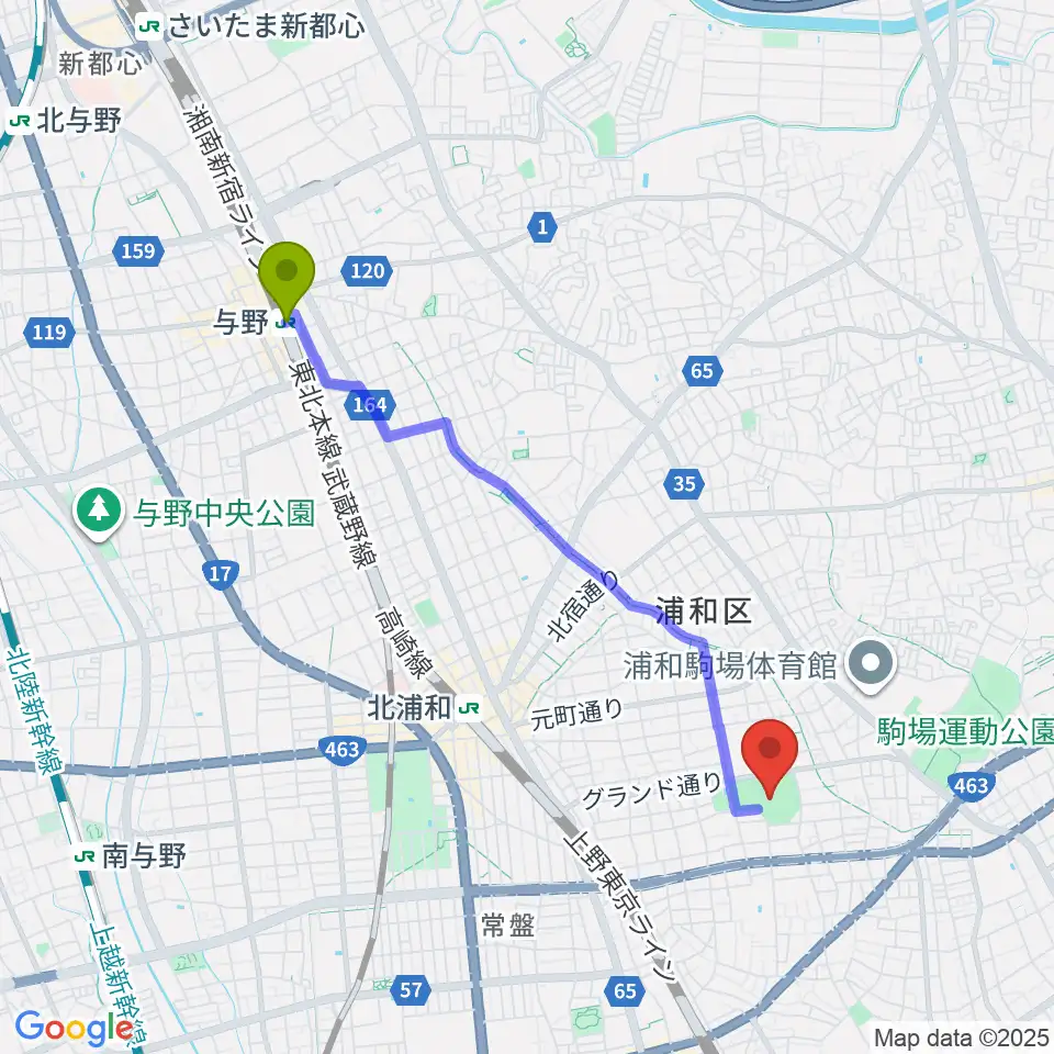 与野駅からアイル・スタジアム浦和へのルートマップ地図