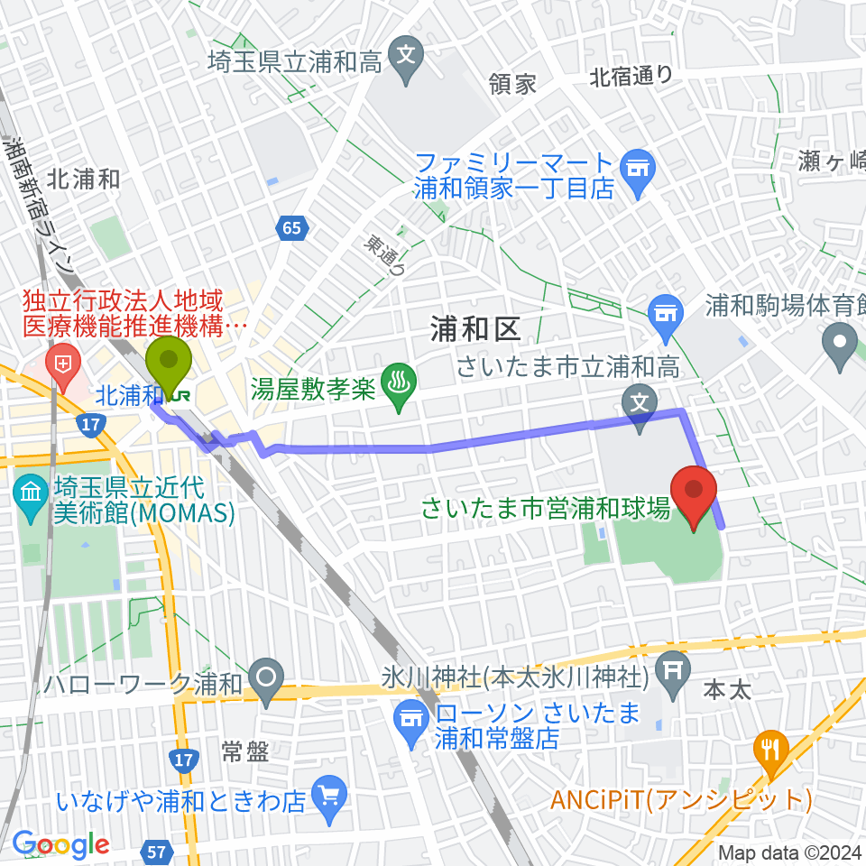 さいたま市営浦和球場の最寄駅北浦和駅からの徒歩ルート（約19分）地図