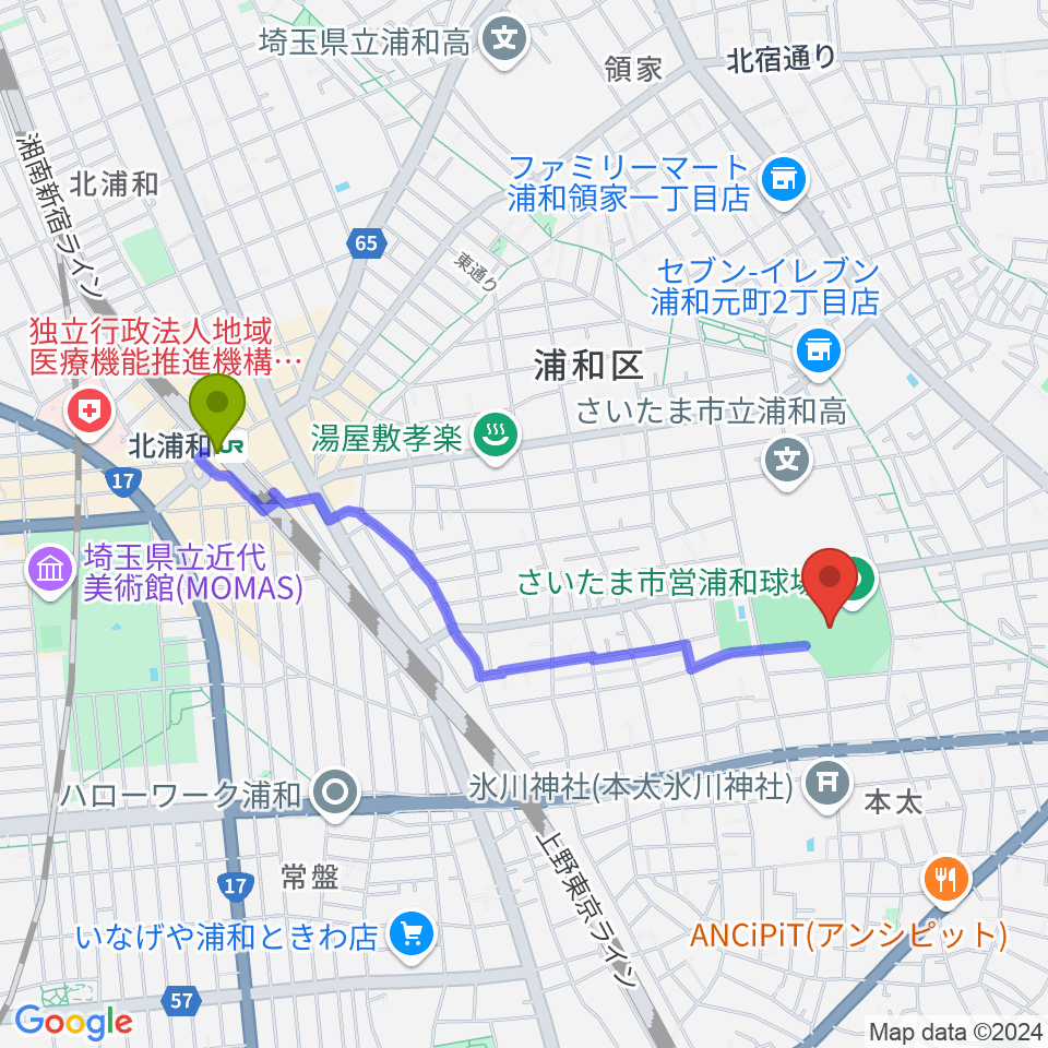 アイル・スタジアム浦和の最寄駅北浦和駅からの徒歩ルート（約19分）地図