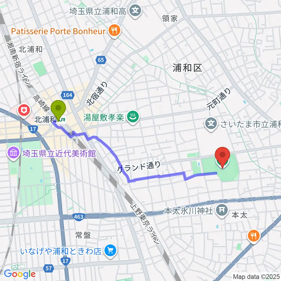 アイル・スタジアム浦和の最寄駅北浦和駅からの徒歩ルート（約19分）地図