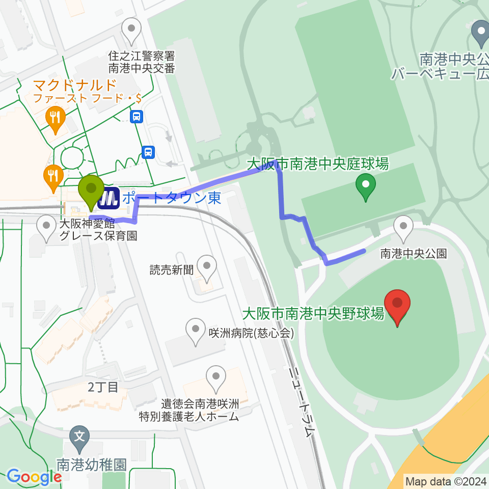 大阪市南港中央野球場の最寄駅ポートタウン東駅からの徒歩ルート（約5分）地図