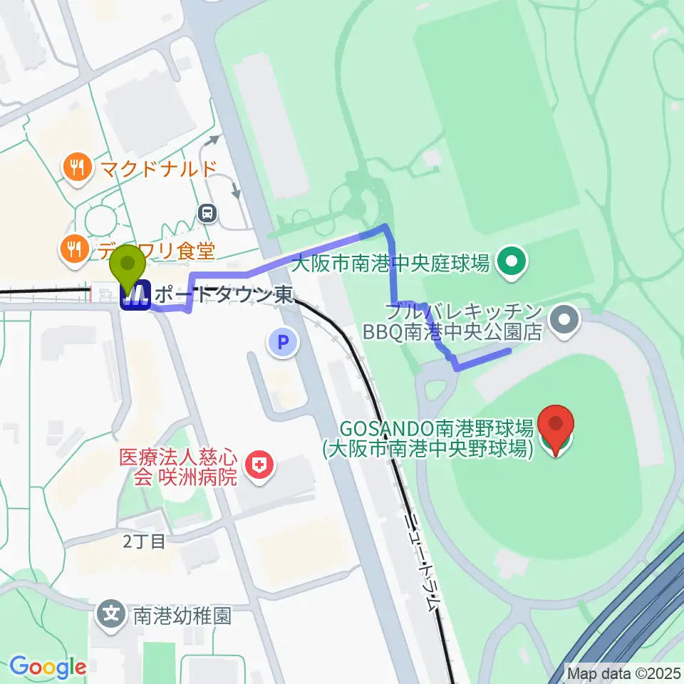 GOSANDO南港野球場の最寄駅ポートタウン東駅からの徒歩ルート（約5分）地図