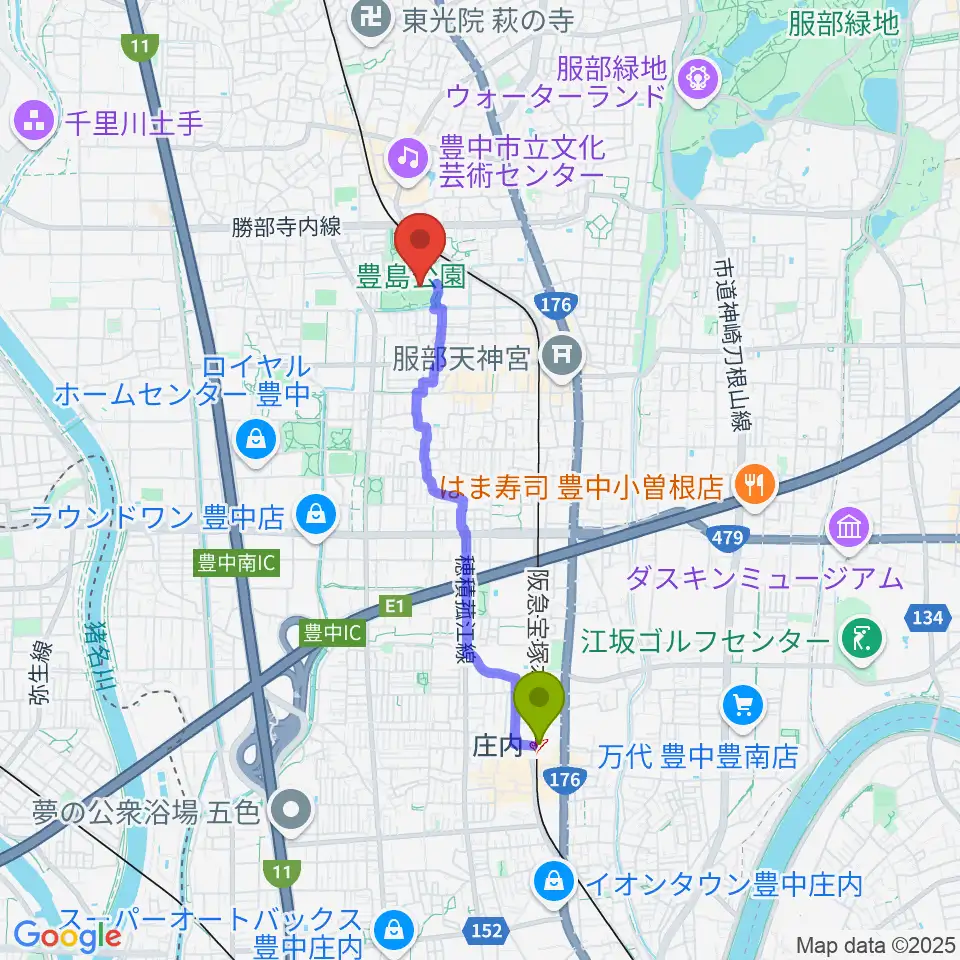 庄内駅から豊中ローズ球場へのルートマップ地図