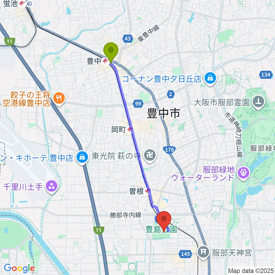 豊中駅から豊中ローズ球場へのルートマップ地図
