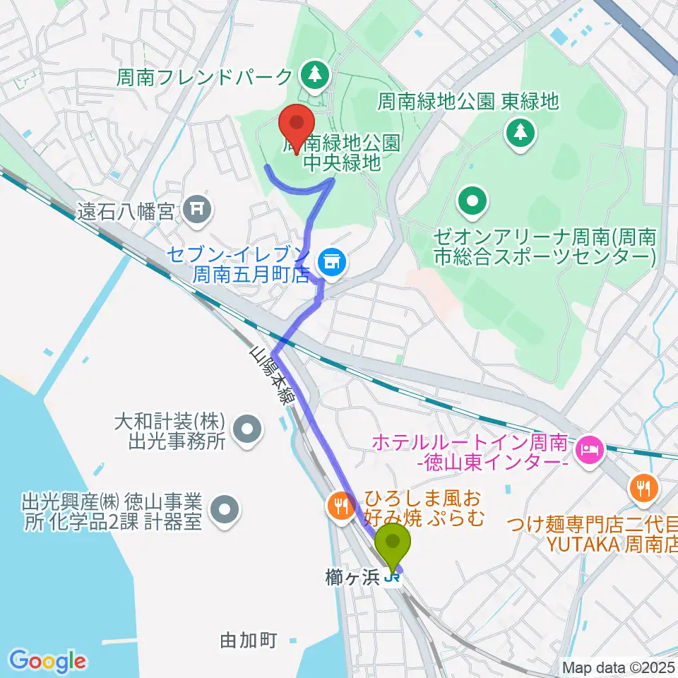 周南市野球場の最寄駅櫛ケ浜駅からの徒歩ルート（約20分）地図