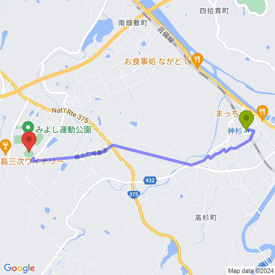 神杉駅から電光石火きんさいスタジアム三次へのルートマップ地図