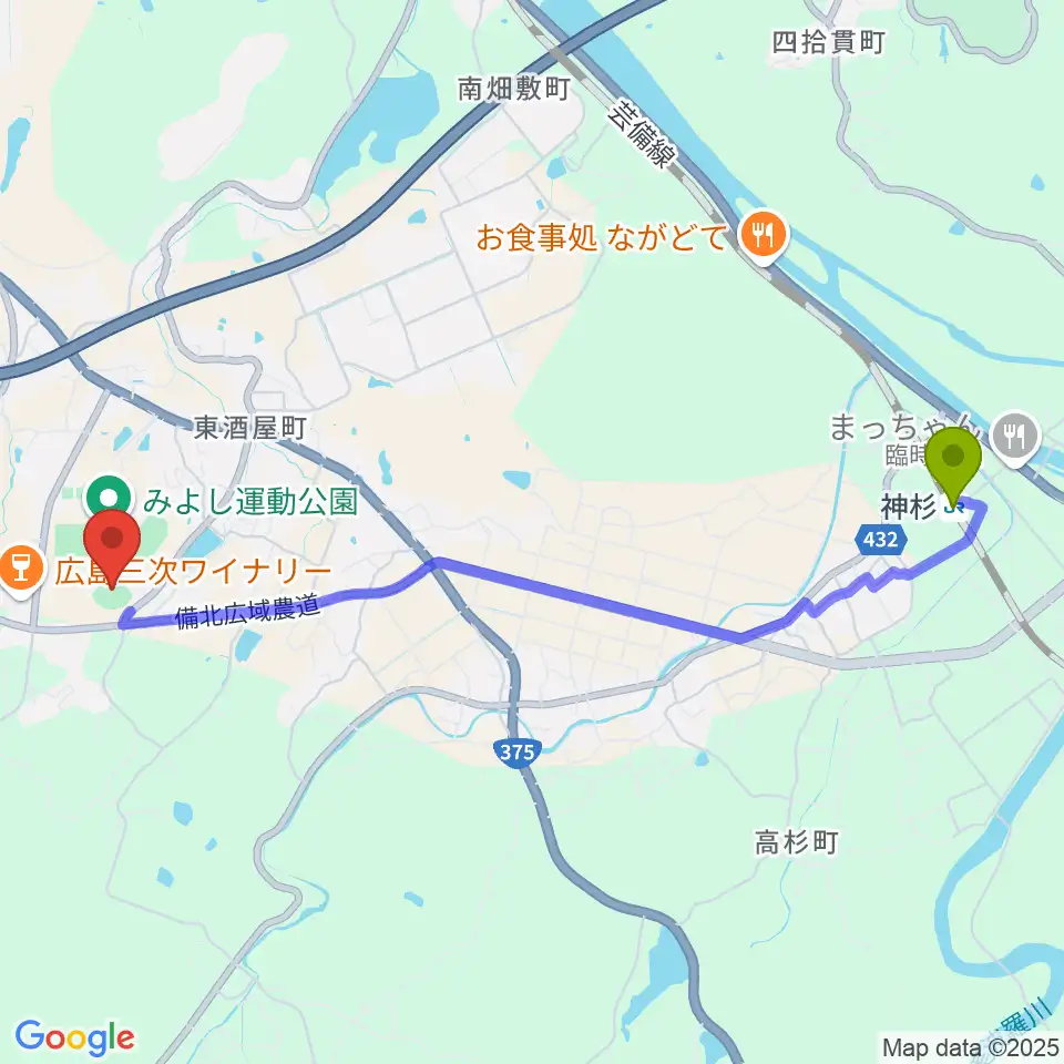 神杉駅から電光石火きんさいスタジアム三次へのルートマップ地図