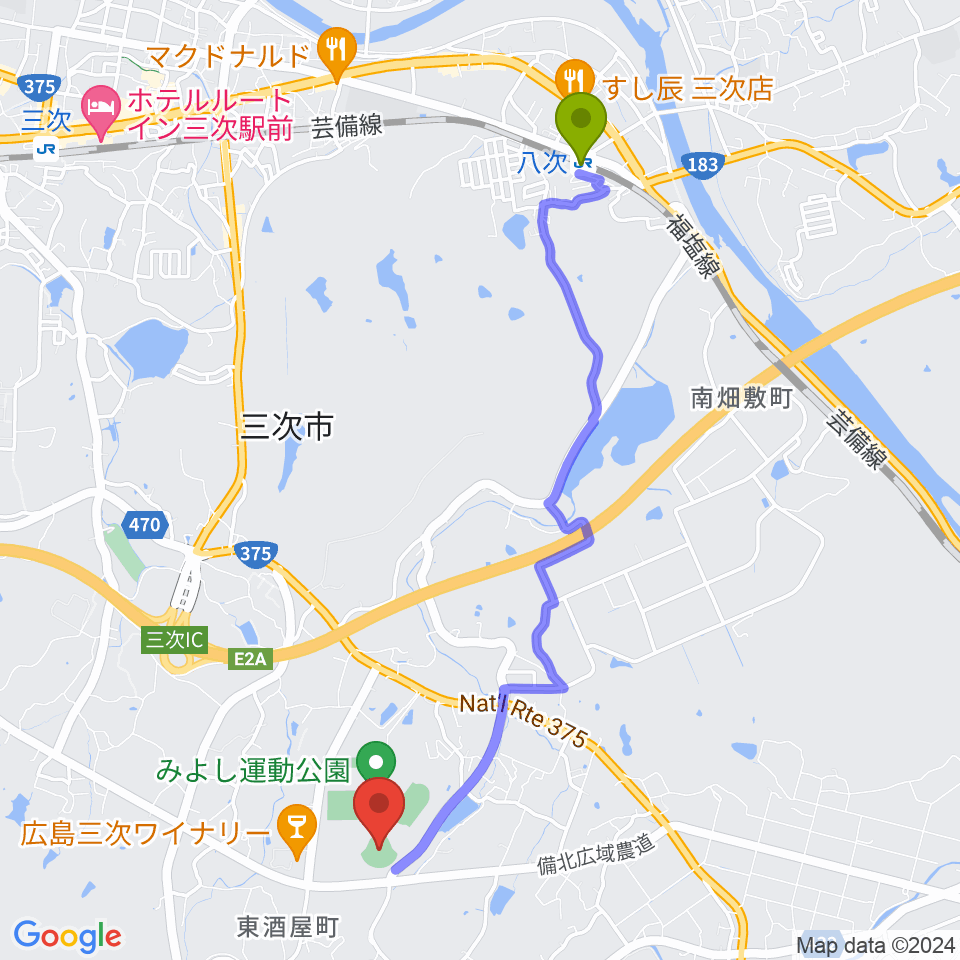 電光石火きんさいスタジアム三次の最寄駅八次駅からの徒歩ルート（約47分）地図