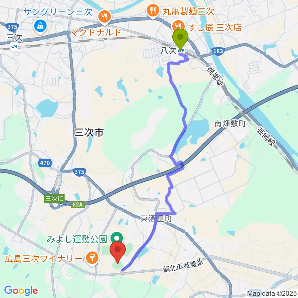 電光石火きんさいスタジアム三次の最寄駅八次駅からの徒歩ルート（約47分）地図