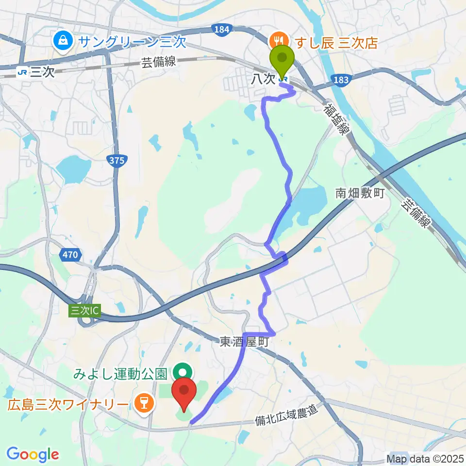 電光石火きんさいスタジアム三次の最寄駅八次駅からの徒歩ルート（約47分）地図