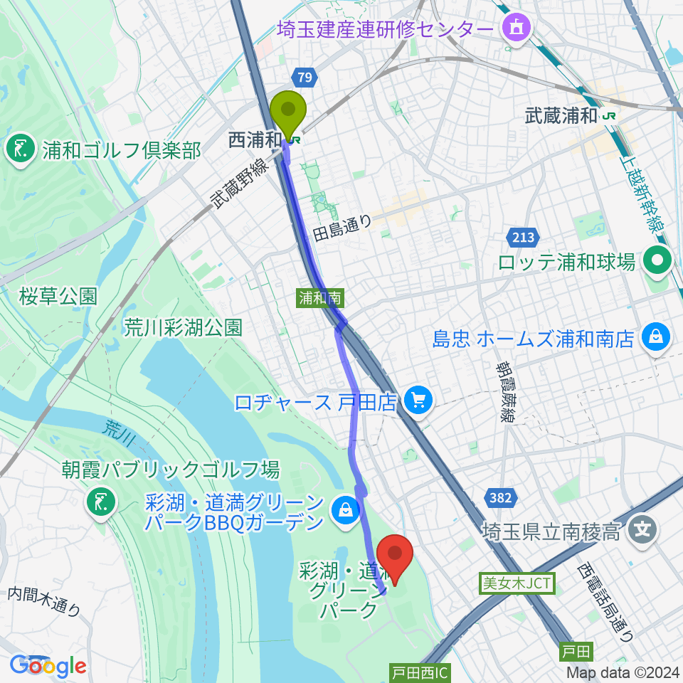 ヤクルト戸田球場の最寄駅西浦和駅からの徒歩ルート（約41分）地図