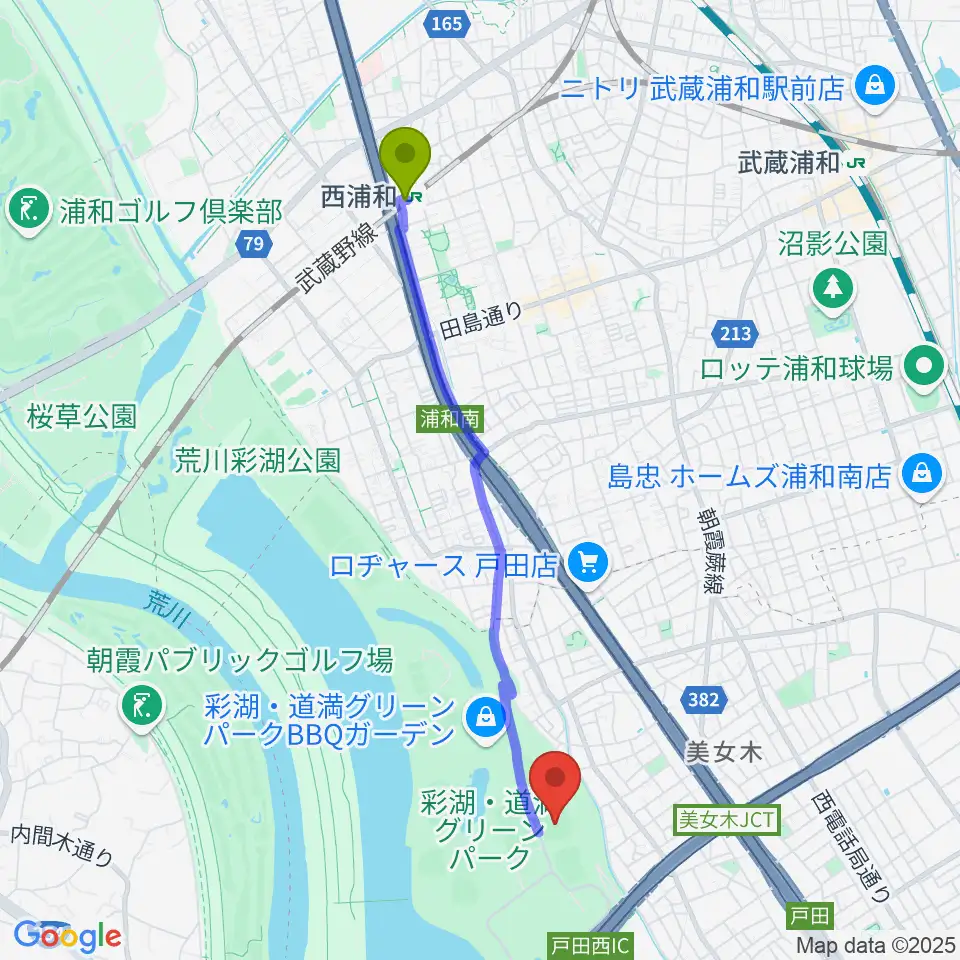 ヤクルト戸田球場の最寄駅西浦和駅からの徒歩ルート（約41分）地図