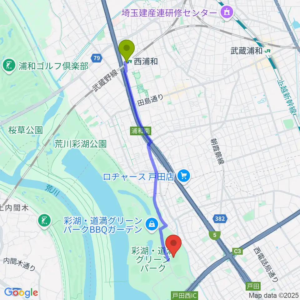 ヤクルト戸田球場の最寄駅西浦和駅からの徒歩ルート（約41分）地図