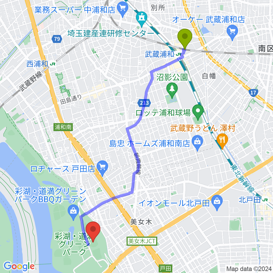 武蔵浦和駅からヤクルト戸田球場へのルートマップ地図