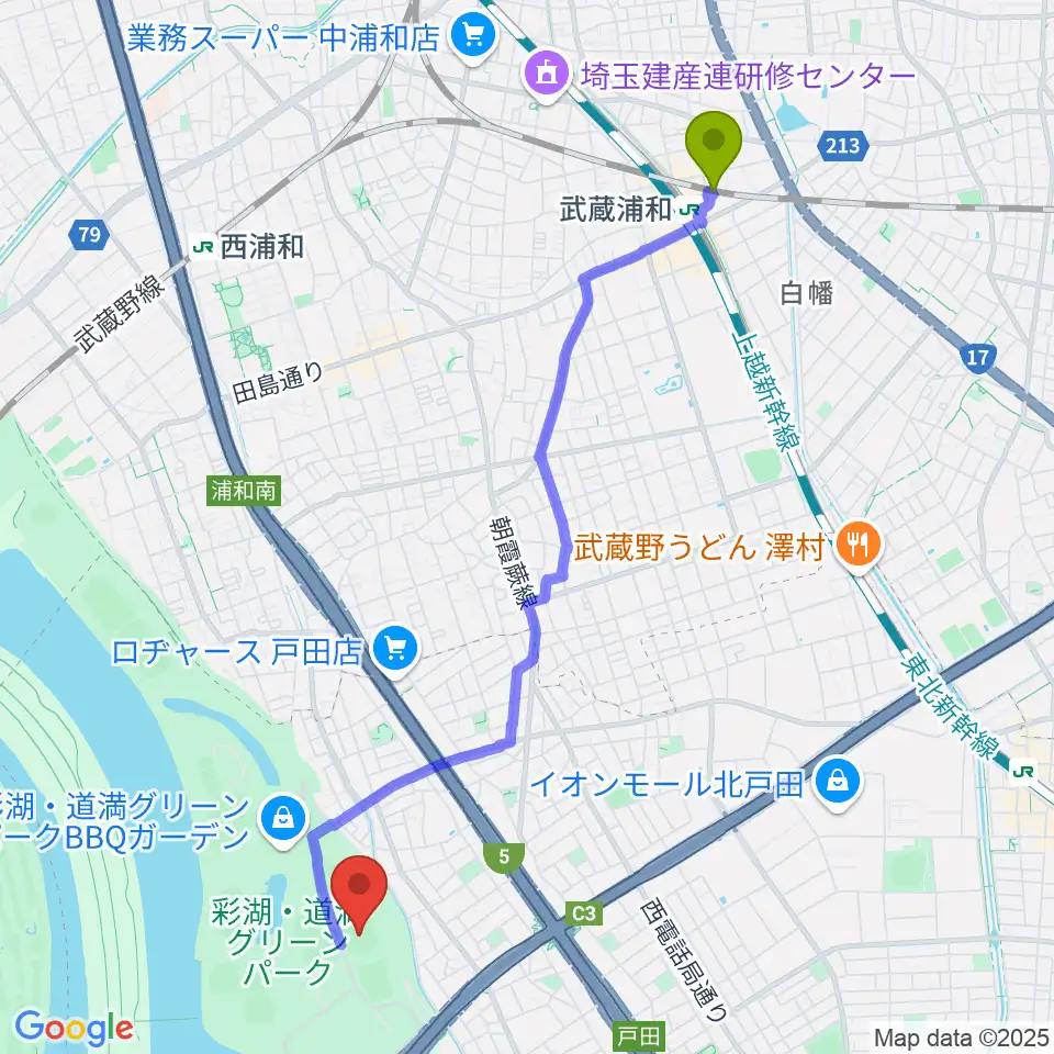 武蔵浦和駅からヤクルト戸田球場へのルートマップ地図