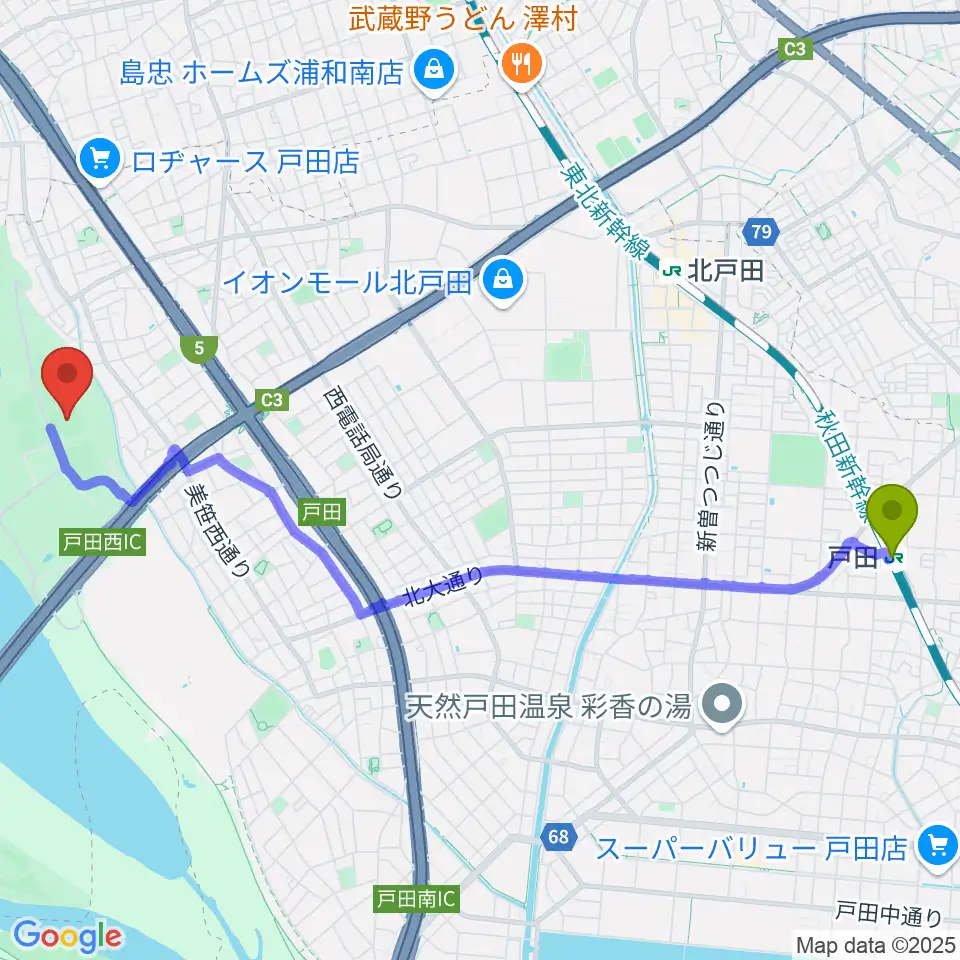 戸田駅からヤクルト戸田球場へのルートマップ地図