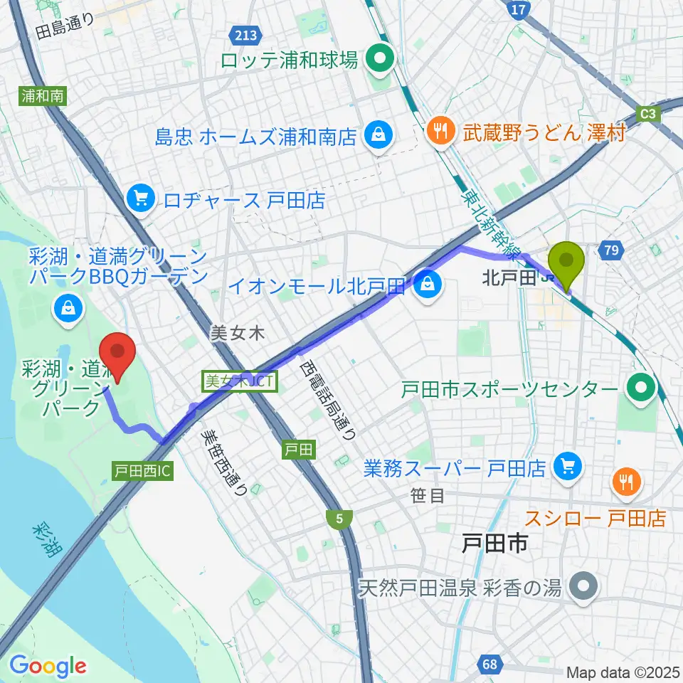 北戸田駅からヤクルト戸田球場へのルートマップ地図