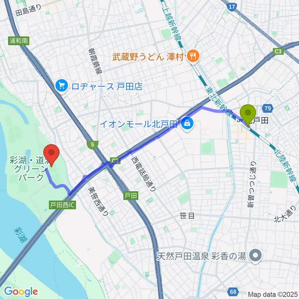 北戸田駅からヤクルト戸田球場へのルートマップ地図