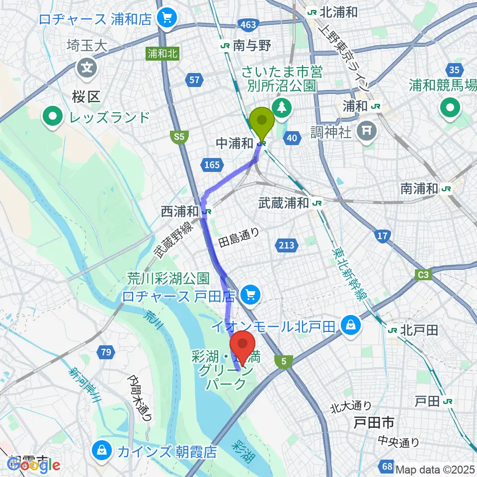 中浦和駅からヤクルト戸田球場へのルートマップ地図