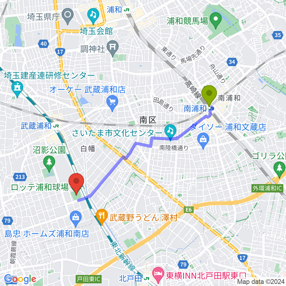 南浦和駅からロッテ浦和球場へのルートマップ地図