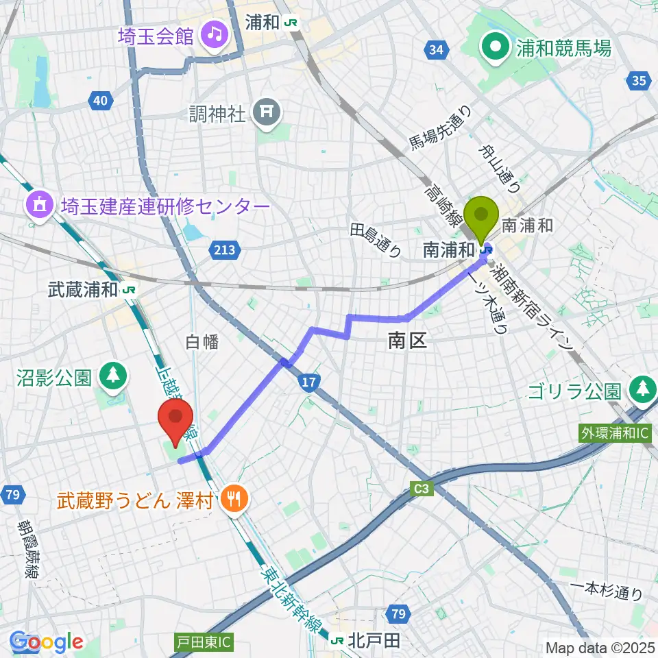 南浦和駅からロッテ浦和球場へのルートマップ地図