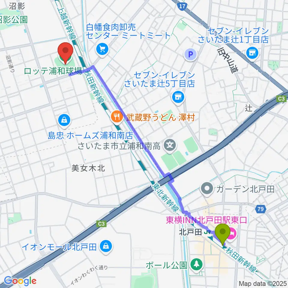 北戸田駅からロッテ浦和球場へのルートマップ地図