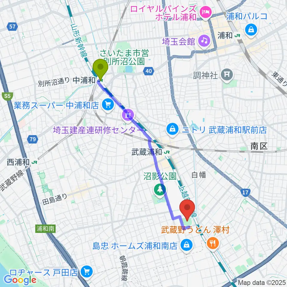中浦和駅からロッテ浦和球場へのルートマップ地図