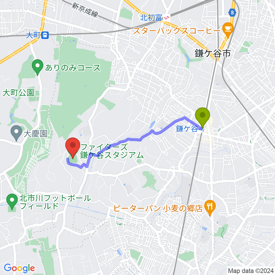 鎌ヶ谷駅からファイターズ鎌ケ谷スタジアムへのルートマップ地図