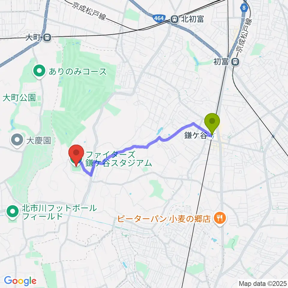 鎌ヶ谷駅からファイターズ鎌ケ谷スタジアムへのルートマップ地図