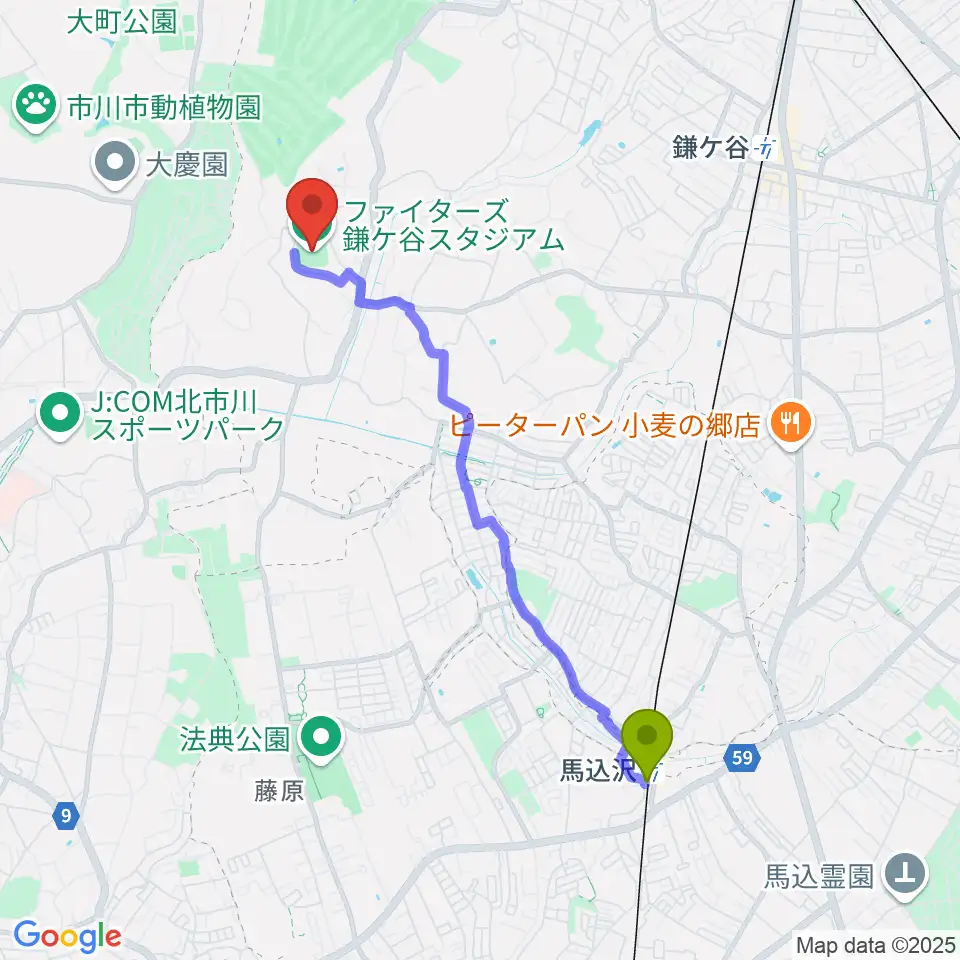 馬込沢駅からファイターズ鎌ケ谷スタジアムへのルートマップ地図
