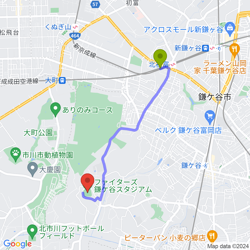 北初富駅からファイターズ鎌ケ谷スタジアムへのルートマップ地図