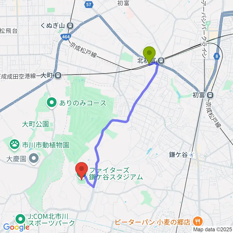 北初富駅からファイターズ鎌ケ谷スタジアムへのルートマップ地図