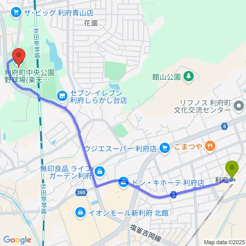 楽天イーグルス利府球場の最寄駅利府駅からの徒歩ルート（約29分）地図