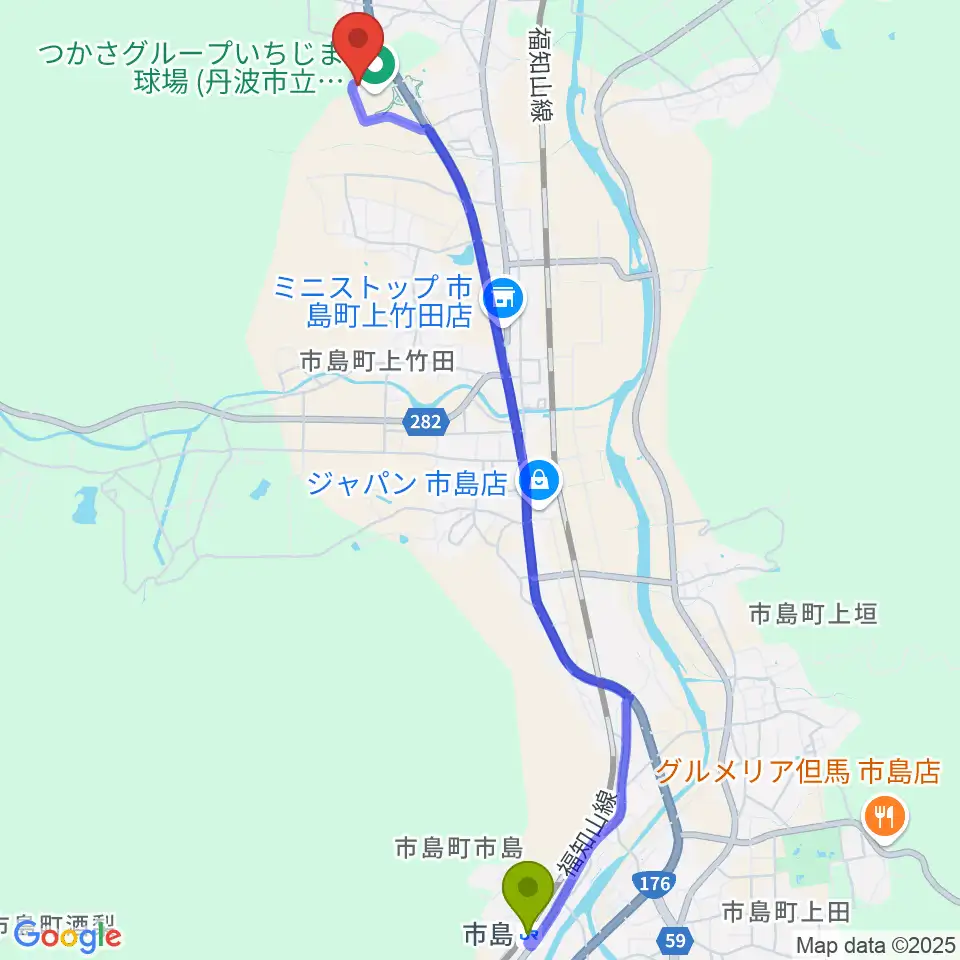 市島駅からつかさグループいちじま球場へのルートマップ地図