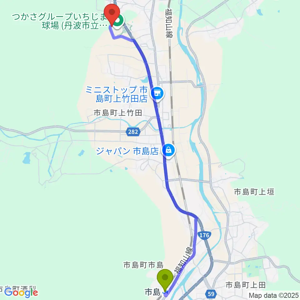 市島駅からつかさグループいちじま球場へのルートマップ地図