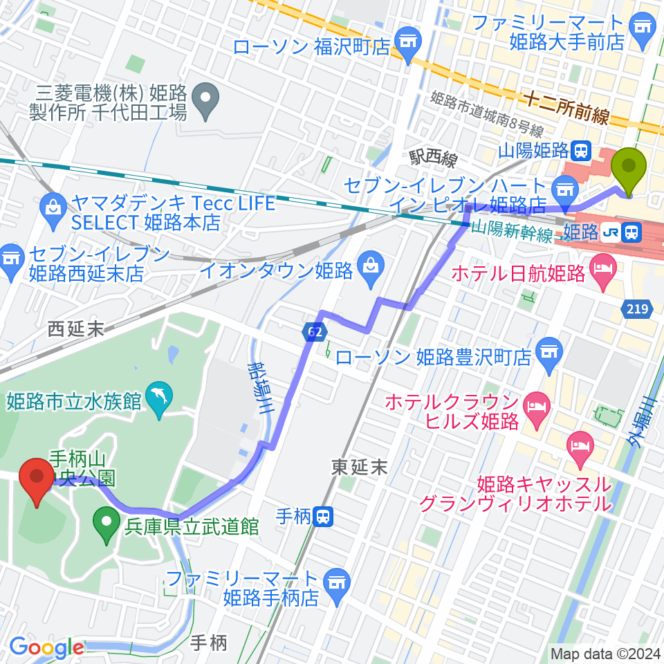 姫路駅からウインク球場へのルートマップ地図