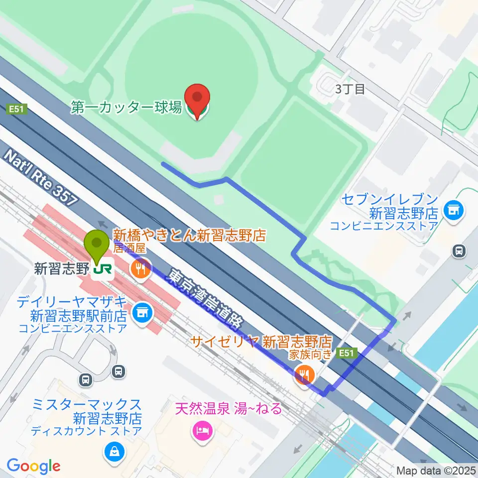 第一カッター球場の最寄駅新習志野駅からの徒歩ルート（約3分）地図