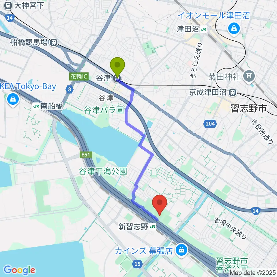 谷津駅から第一カッター球場へのルートマップ地図