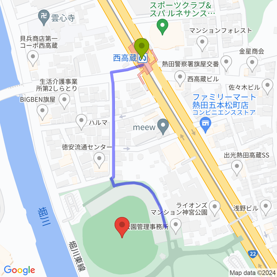 熱田愛知時計120スタジアムの最寄駅西高蔵駅からの徒歩ルート（約5分）地図