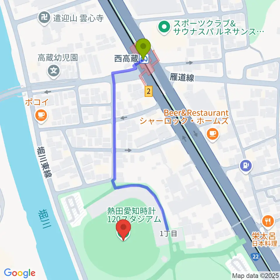 熱田愛知時計120スタジアムの最寄駅西高蔵駅からの徒歩ルート（約5分）地図