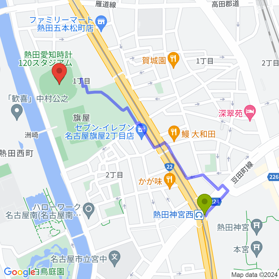 神宮西駅から熱田愛知時計120スタジアムへのルートマップ地図