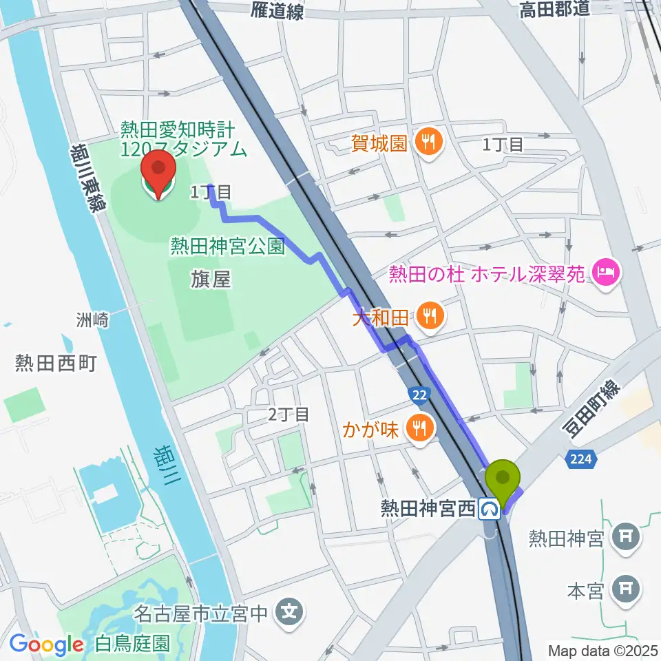 神宮西駅から熱田愛知時計120スタジアムへのルートマップ地図